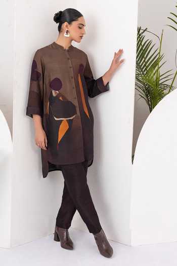 Haute Mess_Brown Silk, Chanderi Mandarin Collar, Yes Printed Shirt Kurta Set _at_Aza_Fashions