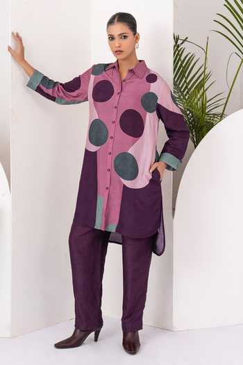Buy_Haute Mess_Pink Silk, Chanderi Collared Neck, Yes Printed Kurta And Pant Set _Online_at_Aza_Fashions
