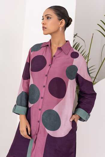 Shop_Haute Mess_Pink Silk, Chanderi Collared Neck, Yes Printed Kurta And Pant Set _Online_at_Aza_Fashions
