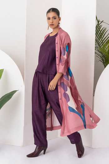 Haute Mess_Pink Silk, Chanderi Mandarin Collar, Yes Abstract Print Kurta Set _Online_at_Aza_Fashions