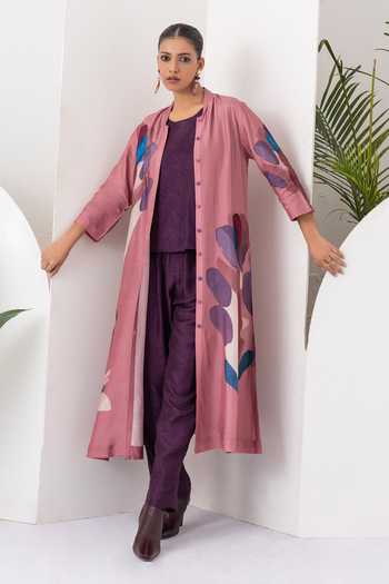 Shop_Haute Mess_Pink Silk, Chanderi Mandarin Collar, Yes Abstract Print Kurta Set _Online_at_Aza_Fashions