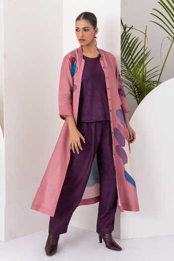 Haute Mess_Pink Silk, Chanderi Mandarin Collar, Yes Abstract Print Kurta Set _at_Aza_Fashions
