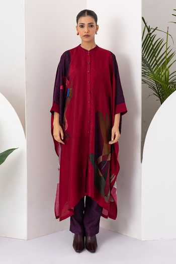 Buy_Haute Mess_Red Silk, Chanderi Mandarin Collar Print Kaftan Set _Online_at_Aza_Fashions