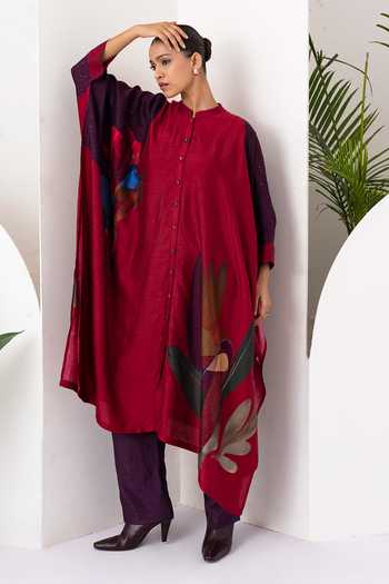 Shop_Haute Mess_Red Silk, Chanderi Mandarin Collar Print Kaftan Set _Online_at_Aza_Fashions