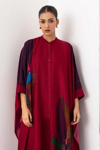 Haute Mess_Red Silk, Chanderi Mandarin Collar Print Kaftan Set _at_Aza_Fashions
