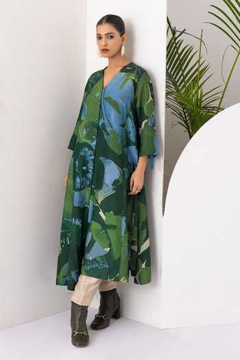 Buy_Haute Mess_Green Silk, Chanderi V-neck, Yes Printed Kurta Set _Online_at_Aza_Fashions