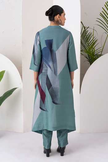 Haute Mess Sage Green Silk Chanderi Print Kurta Set 