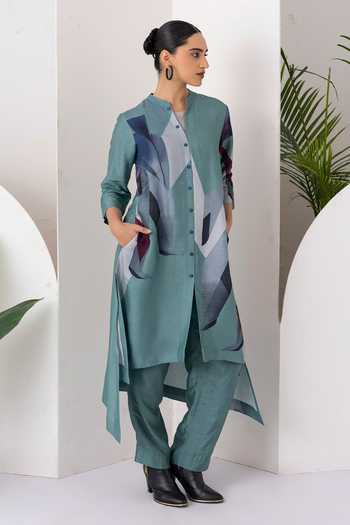 Haute Mess_Green Silk, Chanderi Mandarin Collar, Yes Sage Print Kurta Set _Online_at_Aza_Fashions