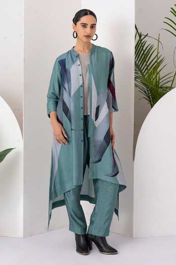 Shop_Haute Mess_Green Silk, Chanderi Mandarin Collar, Yes Sage Print Kurta Set _Online_at_Aza_Fashions