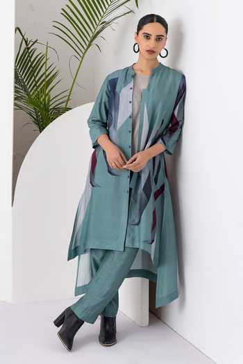 Haute Mess Sage Green Silk Chanderi Print Kurta Set 