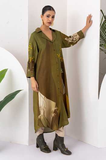 Haute Mess_Green Silk, Chanderi Collared Neck Printed Kurta Set _Online_at_Aza_Fashions