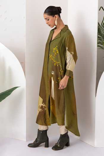 Buy_Haute Mess_Green Silk, Chanderi Collared Neck Printed Kurta Set _Online_at_Aza_Fashions