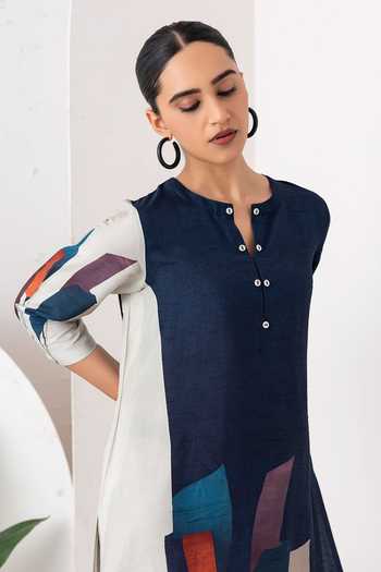 Shop_Haute Mess_Blue Silk, Chanderi Round Neck, Yes Color Block Kurta And Pant Set 
