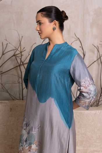 Haute Mess_Blue Silk, Chanderi Mandarin Collar Printed Kurta Set _Online_at_Aza_Fashions