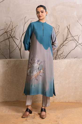 Shop_Haute Mess_Blue Silk, Chanderi Mandarin Collar Printed Kurta Set _Online_at_Aza_Fashions