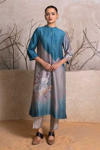 Haute Mess_Blue Silk, Chanderi Mandarin Collar Printed Kurta Set _at_Aza_Fashions