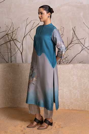 Buy_Haute Mess_Blue Silk, Chanderi Mandarin Collar Printed Kurta Set 