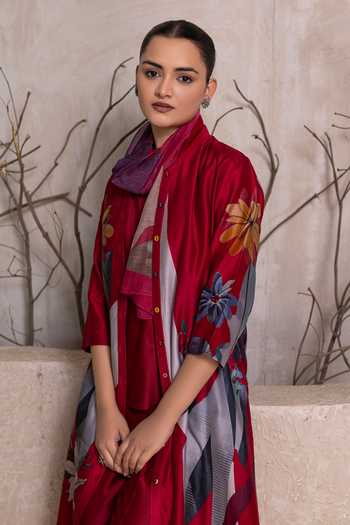 Buy_Haute Mess_Red Silk, Chanderi Mandarin Collar, Yes Printed Kurta And Pant Set _Online_at_Aza_Fashions