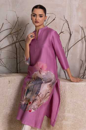 Buy_Haute Mess_Lavender Silk, Chanderi Mandarin Collar, Yes Printed Kurta Set _Online_at_Aza_Fashions