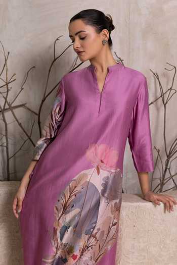 Shop_Haute Mess_Lavender Silk, Chanderi Mandarin Collar, Yes Printed Kurta Set _Online_at_Aza_Fashions