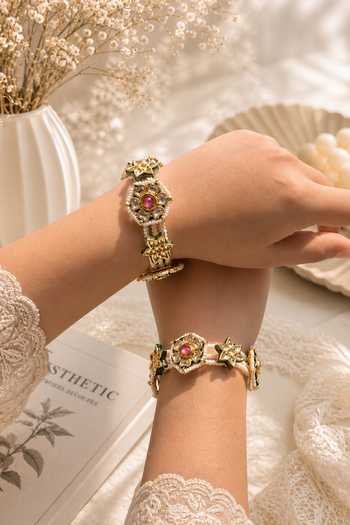 Queens Jewels Gold Plated Orabella Floral Bracelets - Set Of 2 Online at Aza Fashions Queens Jewels_Gold Plated Orabella Floral Bracelets - Set Of 2 _Online_at_Aza_Fashions