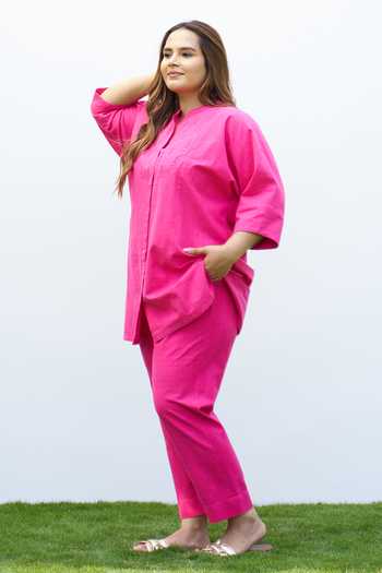 Vaaya_Pink Cotton Mandarin Collar Handwoven Top And Pant Set _Online_at_Aza_Fashions