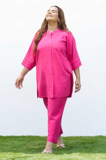 Buy_Vaaya_Pink Cotton Mandarin Collar Handwoven Top And Pant Set _Online_at_Aza_Fashions
