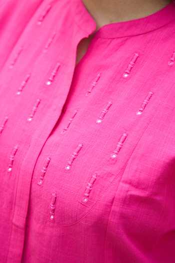 Shop_Vaaya_Pink Cotton Mandarin Collar Handwoven Top And Pant Set _Online_at_Aza_Fashions
