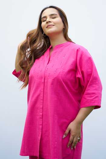 Vaaya_Pink Cotton Mandarin Collar Handwoven Top And Pant Set _at_Aza_Fashions