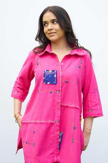 Vaaya_Pink Cotton Collared Neck Ikat Applique Handwoven Shirt And Pant Set _Online_at_Aza_Fashions
