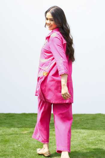 Vaaya Ikat Applique Handwoven Cotton Shirt & Pant Set 