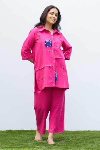Vaaya Ikat Applique Handwoven Cotton Shirt & Pant Set 