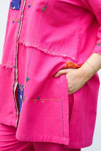 Shop_Vaaya_Pink Cotton Collared Neck Ikat Applique Handwoven Shirt And Pant Set _Online_at_Aza_Fashions