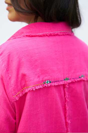 Vaaya_Pink Cotton Collared Neck Ikat Applique Handwoven Shirt And Pant Set _at_Aza_Fashions