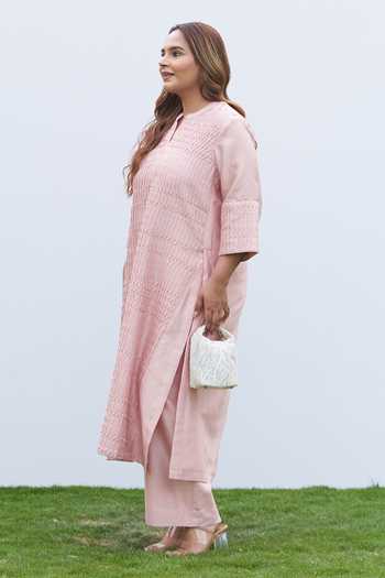 Buy_Vaaya_Pink Silk, Chanderi Mandarin Collar, Yes Pintuck Kurta And Pant Set _Online_at_Aza_Fashions