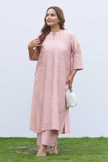 Shop_Vaaya_Pink Silk, Chanderi Mandarin Collar, Yes Pintuck Kurta And Pant Set _Online_at_Aza_Fashions