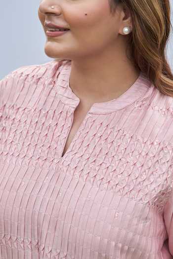 Vaaya_Pink Silk, Chanderi Mandarin Collar, Yes Pintuck Kurta And Pant Set _at_Aza_Fashions