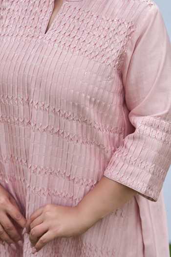 Buy_Vaaya_Pink Silk, Chanderi Mandarin Collar, Yes Pintuck Kurta And Pant Set 