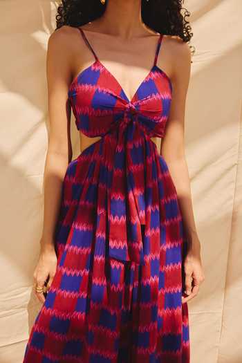 ZiP by Payal & Zinal_Blue Georgette Plunge Neck Cherry Cutout Maxi Dress _Online_at_Aza_Fashions