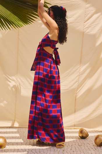 Buy_ZiP by Payal & Zinal_Blue Georgette Plunge Neck Cherry Cutout Maxi Dress _Online_at_Aza_Fashions