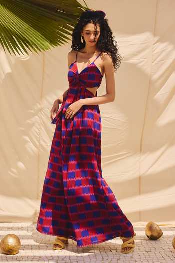 Shop_ZiP by Payal & Zinal_Blue Georgette Plunge Neck Cherry Cutout Maxi Dress _Online_at_Aza_Fashions