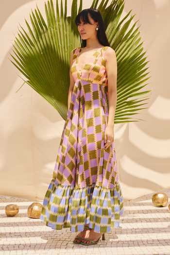 Shop ZiP by Payal & Zinal Multi Color Cotton, Linen V-neck Crazy Checks Summer Dress Shop_ZiP by Payal & Zinal_Multi Color Cotton, Linen V-neck Crazy Checks Summer Dress