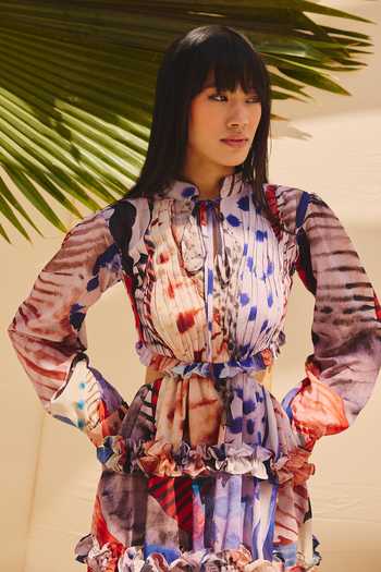 ZiP by Payal & Zinal Multi Color Georgette Collared Neck Pleats And Palettes Dress at Aza Fashions ZiP by Payal & Zinal_Multi Color Georgette Collared Neck Pleats And Palettes Dress _at_Aza_Fashions