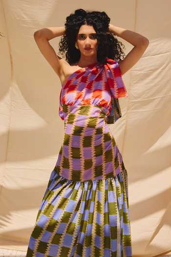 Buy ZiP by Payal & Zinal Multi Color Cotton, Linen One Shoulder Scarlet Haze Long Dress Online at Aza Fashions Buy_ZiP by Payal & Zinal_Multi Color Cotton, Linen One Shoulder Scarlet Haze Long Dress _Online_at_Aza_Fashions