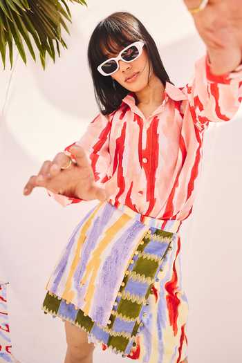 ZiP by Payal & Zinal Multi Color Cotton, Linen Collared Neck Spectrum Printed Top And Wrap Skirt Set Online at Aza Fashions ZiP by Payal & Zinal_Multi Color Cotton, Linen Collared Neck Spectrum Printed Top And Wrap Skirt Set _Online_at_Aza_Fashions