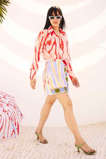 Shop ZiP by Payal & Zinal Multi Color Cotton, Linen Collared Neck Spectrum Printed Top And Wrap Skirt Set Online at Aza Fashions Shop_ZiP by Payal & Zinal_Multi Color Cotton, Linen Collared Neck Spectrum Printed Top And Wrap Skirt Set _Online_at_Aza_Fashions