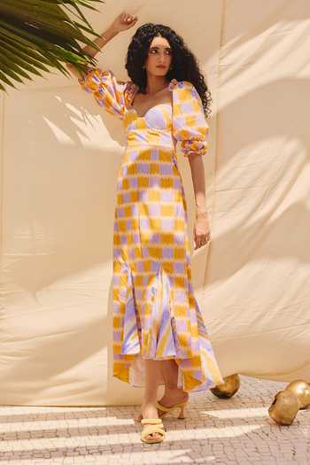 Shop ZiP by Payal & Zinal Multi Color Cotton, Linen Sweetheart Neck Sunkissed Checkered Print Summer Dress Online at Aza Fashions Shop_ZiP by Payal & Zinal_Multi Color Cotton, Linen Sweetheart Neck Sunkissed Checkered Print Summer Dress _Online_at_Aza_Fashions