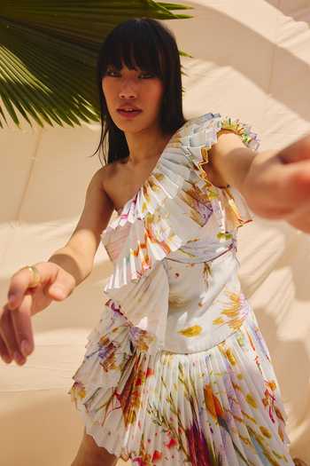 Shop ZiP by Payal & Zinal White Cotton, Linen One Shoulder Sunlit Swirls Dress Online at Aza Fashions Shop_ZiP by Payal & Zinal_White Cotton, Linen One Shoulder Sunlit Swirls Dress _Online_at_Aza_Fashions