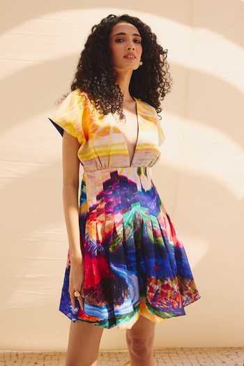 Buy ZiP by Payal & Zinal Multi Color Cotton, Linen V-neck Vivid Rush Printed Dress Online at Aza Fashions Buy_ZiP by Payal & Zinal_Multi Color Cotton, Linen V-neck Vivid Rush Printed Dress _Online_at_Aza_Fashions