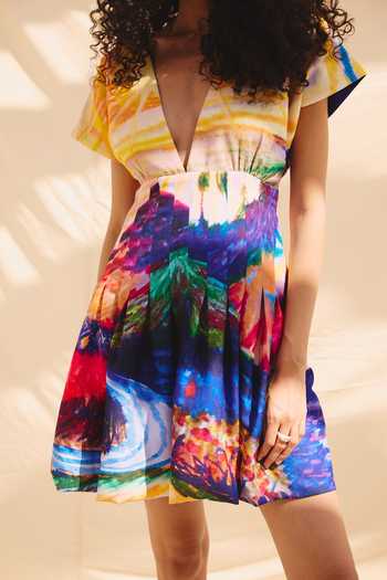 Shop ZiP by Payal & Zinal Multi Color Cotton, Linen V-neck Vivid Rush Printed Dress Online at Aza Fashions Shop_ZiP by Payal & Zinal_Multi Color Cotton, Linen V-neck Vivid Rush Printed Dress _Online_at_Aza_Fashions